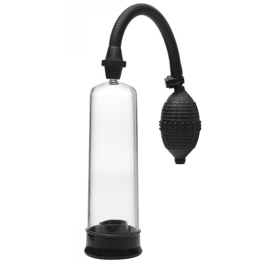 Size Matters SMP beginner penis pump, clear cylinder with black handle for enlargement.