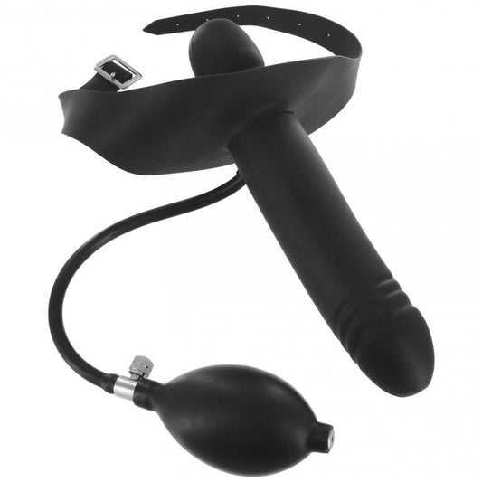 master series inflatable gag with attached dildo, a shiny, black and pink adult novelty
