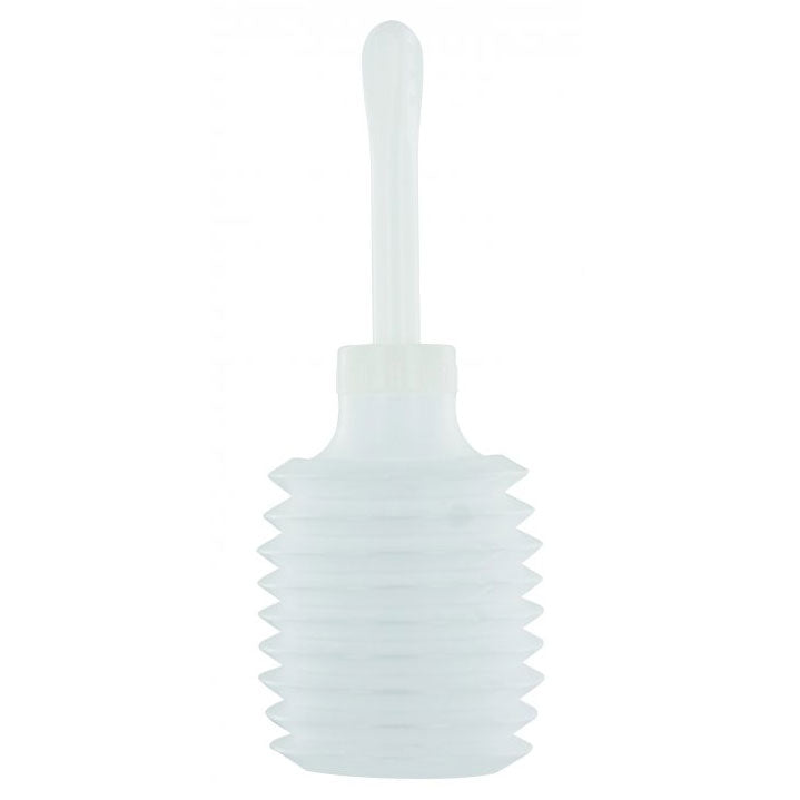 A clean stream disposable applicator douche for personal hygiene, white plastic, angled nozzle.