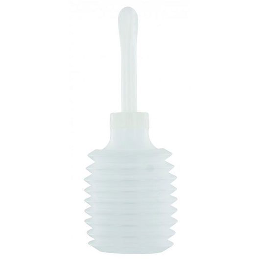 A clean stream disposable applicator douche for personal hygiene, white plastic, angled nozzle.