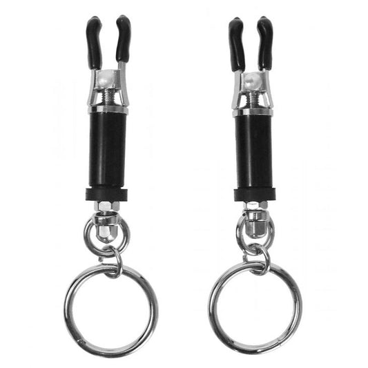 Master Series bondage ring barrel nipple clamps in polished silver metal for adult play.