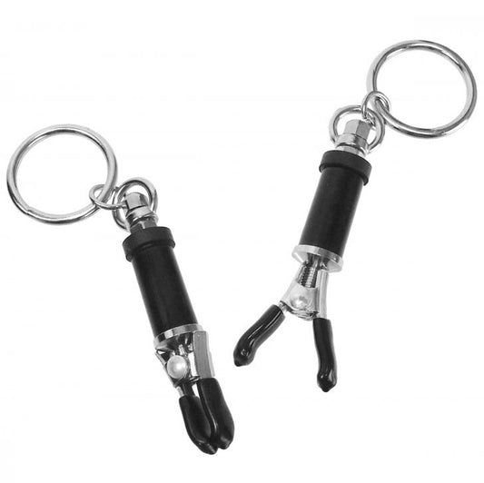 master series bondage ring barrel nipple clamps in silver metal, a fetish accessory.