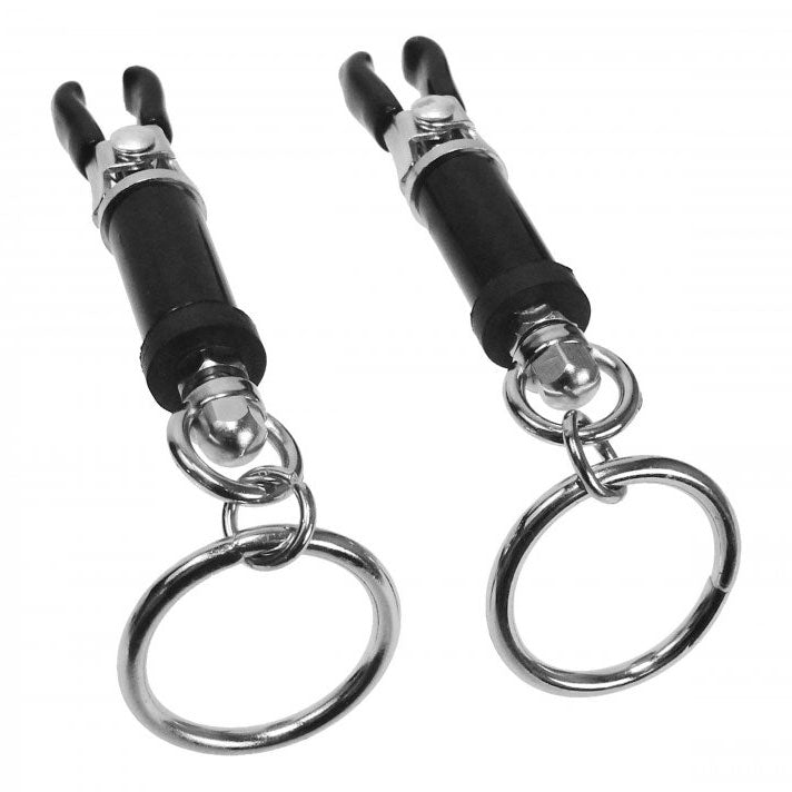 master series bondage ring barrel nipple clamps in silver metal, a kinky adjustable delight.