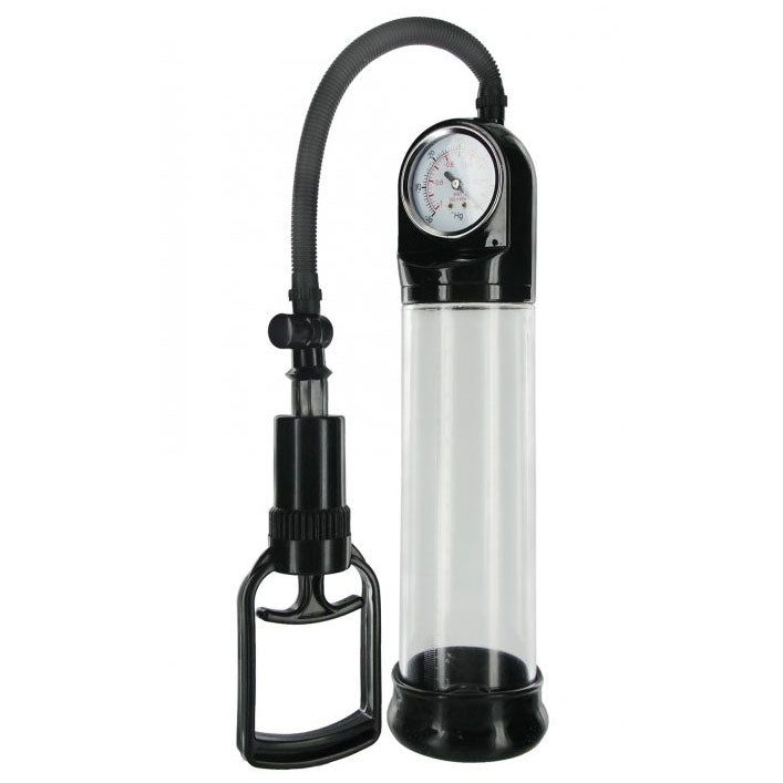 Deluxe trigger penis pump, clear plastic cylinder with a comfortable, ergonomic handle for easy use.