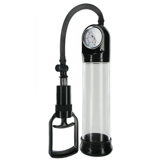 Deluxe trigger penis pump, clear plastic cylinder with a comfortable, ergonomic handle for easy use.