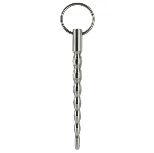 Master Series mortal coil urethral sound, steel, for cock and ball bondage play.