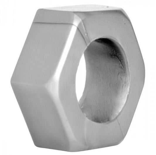 Master Series silver-coloured, hexagonal metal cock ring and ball stretcher for bondage play.