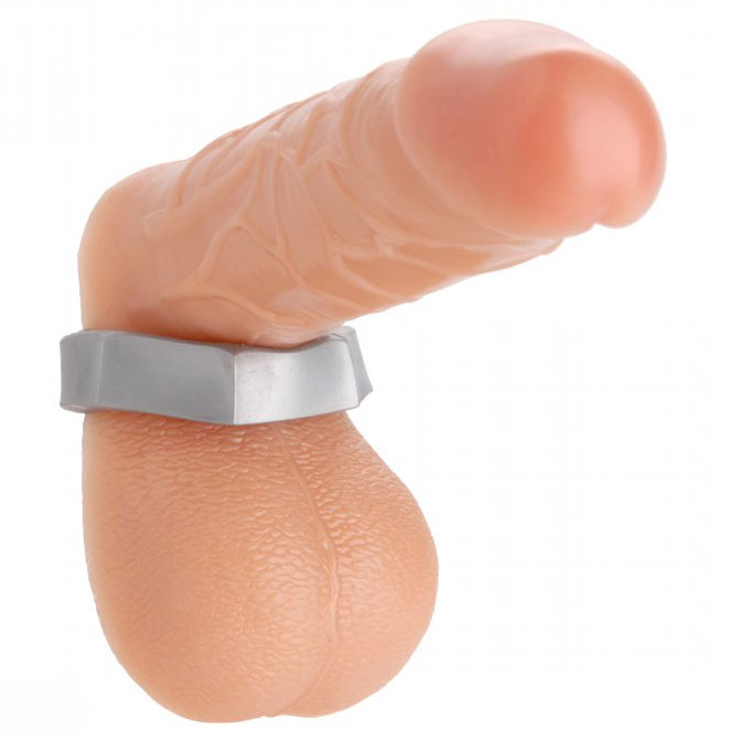 Master Series silver-tone metal hex cock ring and ball stretcher, heavy duty bondage gear