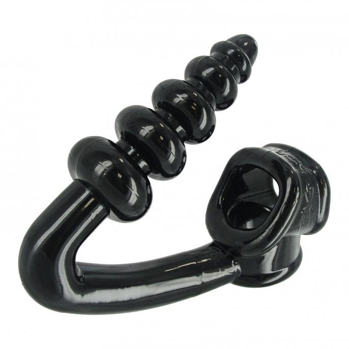 Master Series tower cock ring and butt plug, silver-tone metal with a smooth finish.