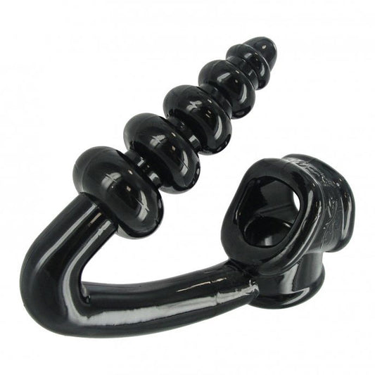 Master Series tower cock ring and butt plug, silver-tone metal with a smooth finish.
