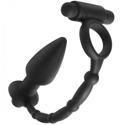 The master series viaticus: a dual cock ring and vibrating anal plug for pleasure.
