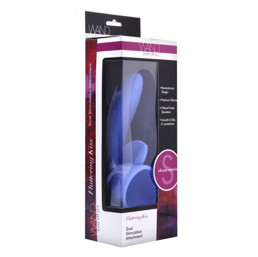 Wand massager attachment, pale pink silicone with a textured fluttering head, for dual stimulation.