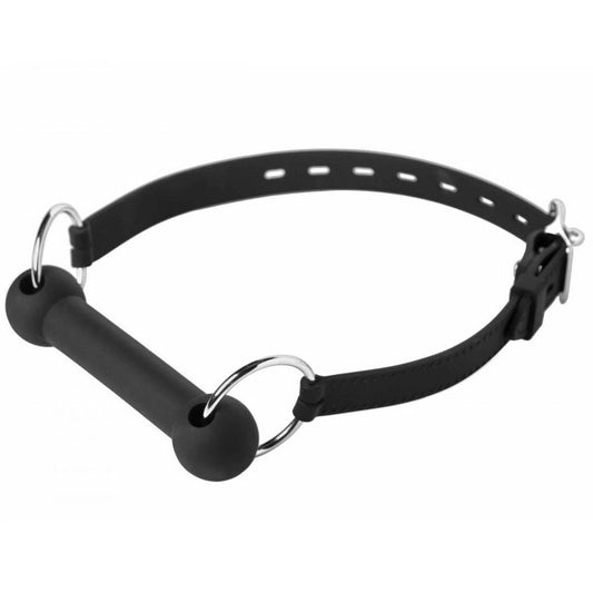 Lockable black silicone horse bit gag from master series, for restraint play.