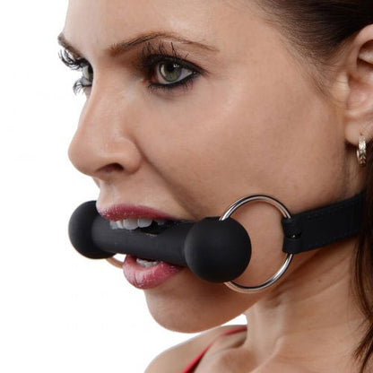 Mr. Ed lockable horse bit gag from Master Series, silicone, black finish.