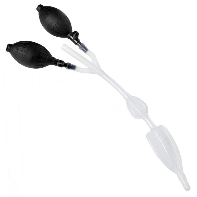 Clear silicone enema system with double bulb, part of a personal hygiene kit.