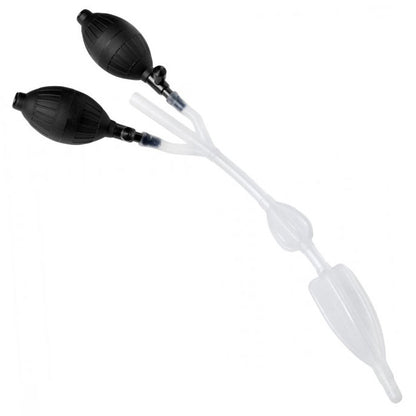 Clear silicone enema system with double bulb, part of a personal hygiene kit.