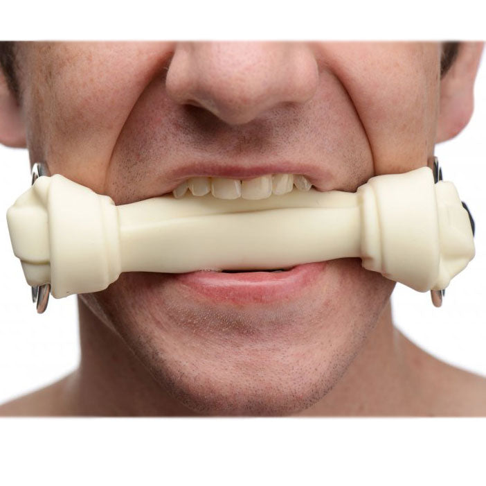 red silicone dog bone gag from the master series, a playful bondage restraint
