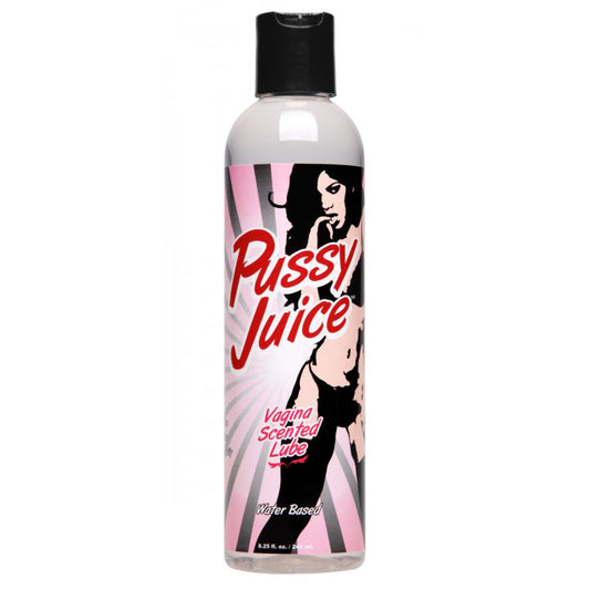 A bottle of 'pussy juice' lubricant from master series, for intimate pleasure.