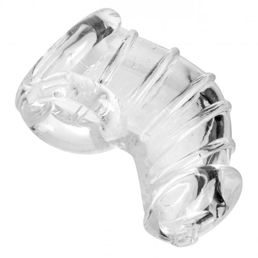master series detained soft body chastity cage, grey silicone device for male chastity.