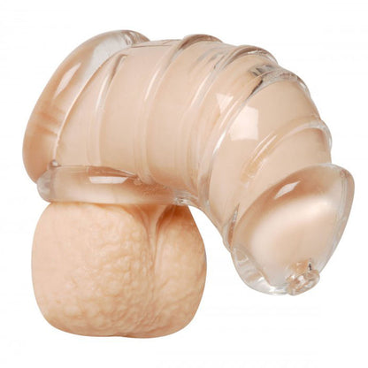 Master Series detained soft body chastity cage, grey silicone device for male chastity.