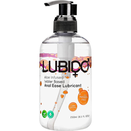 Lubido anal lubricant, 250ml bottle, water-based and paraben-free for comfortable and pleasurable use.