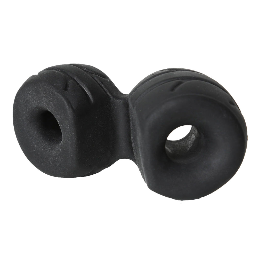 Perfect Fit cock and ball ring with stretcher, black metal for bondage play.