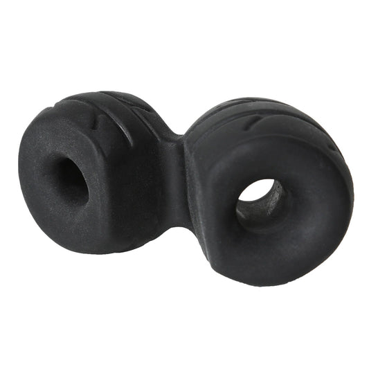Perfect Fit cock and ball ring with stretcher, black metal for bondage play.