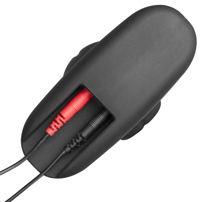 Large black ElectraStim Noir Rocker butt plug for electro sex stimulation, shiny finish.