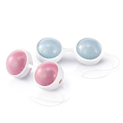 Close-up of pink and blue lelo luna beads mini orgasm balls for pelvic floor exercise.