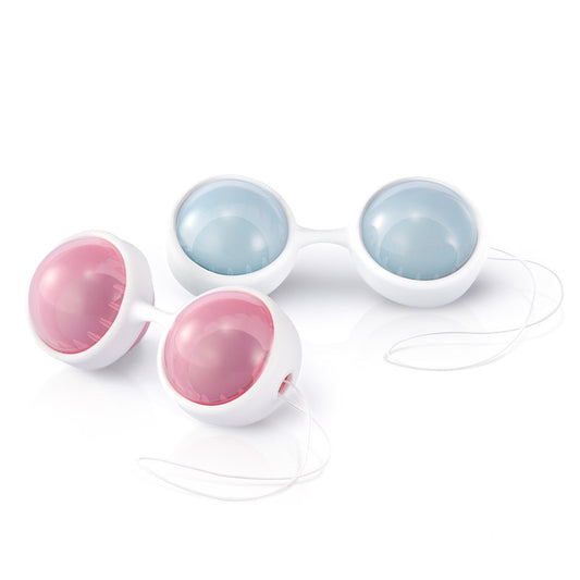 Close-up of pink and blue lelo luna beads mini orgasm balls for pelvic floor exercise.
