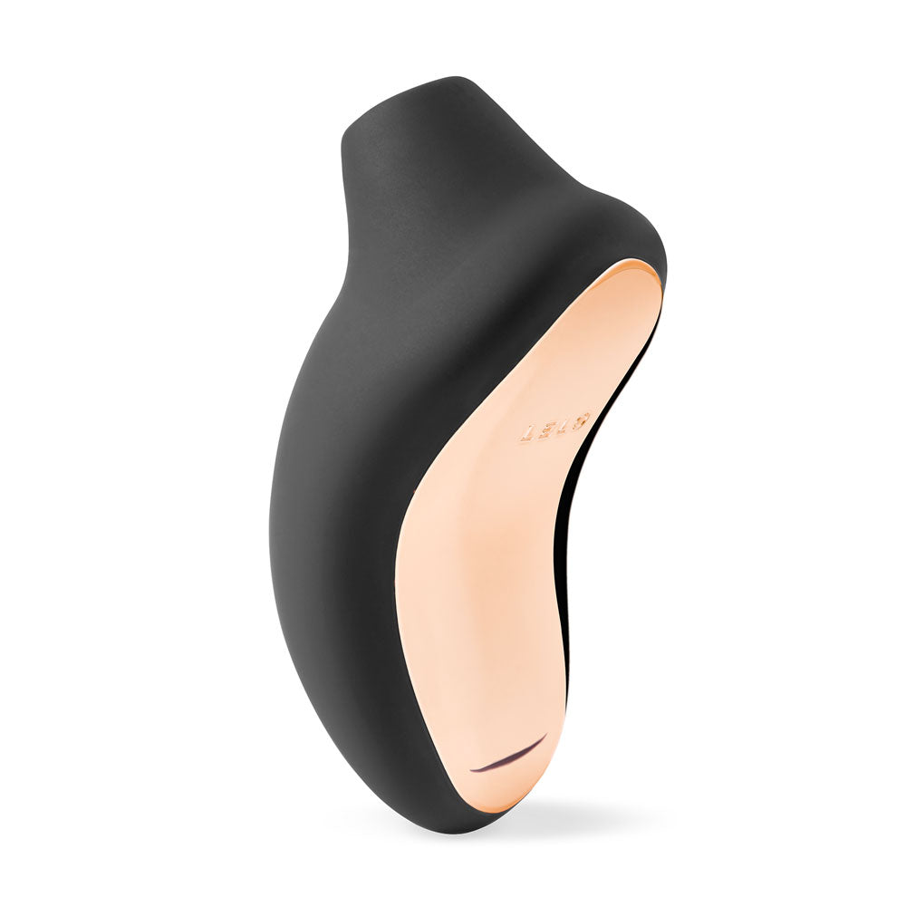 Close-up of a black, smooth, and ergonomic Lelo Sona clitoral stimulator, USB rechargeable.