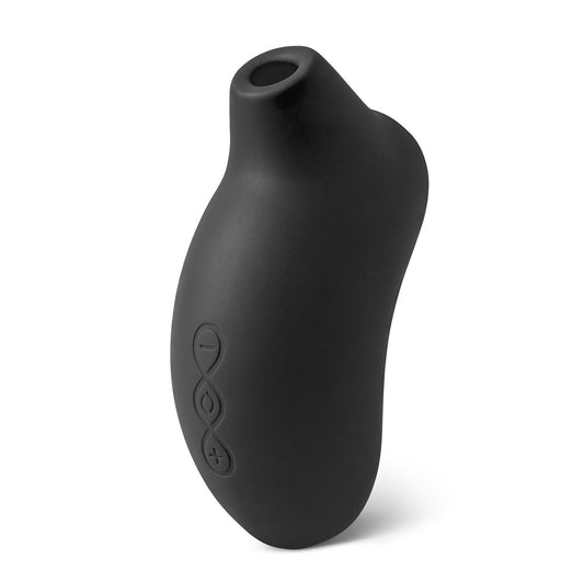 Close-up of a black, smooth silicone Lelo Sona clitoral stimulator showing the sleek design.