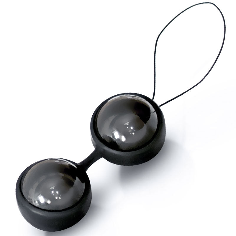 Smooth, black weighted exercise beads by lelo, designed to strengthen pelvic floor muscles.