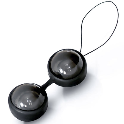 Smooth, black weighted exercise beads by lelo, designed to strengthen pelvic floor muscles.