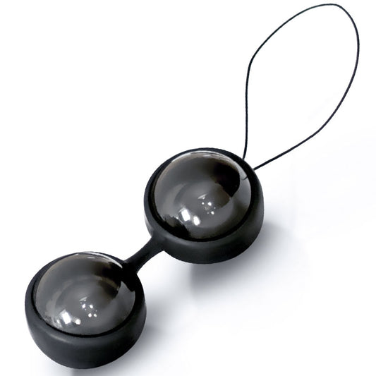 Smooth, black weighted exercise beads by lelo, designed to strengthen pelvic floor muscles.