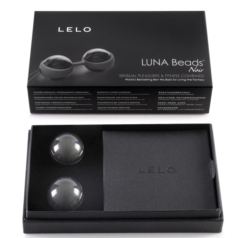 Lelo Luna Beads Noir, a set of black weighted kegel exercise beads for pelvic floor training.