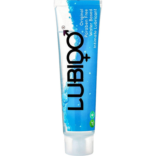 Lubido 100ml water-based lubricant bottle, clear finish, for intimate use. Paraben free.