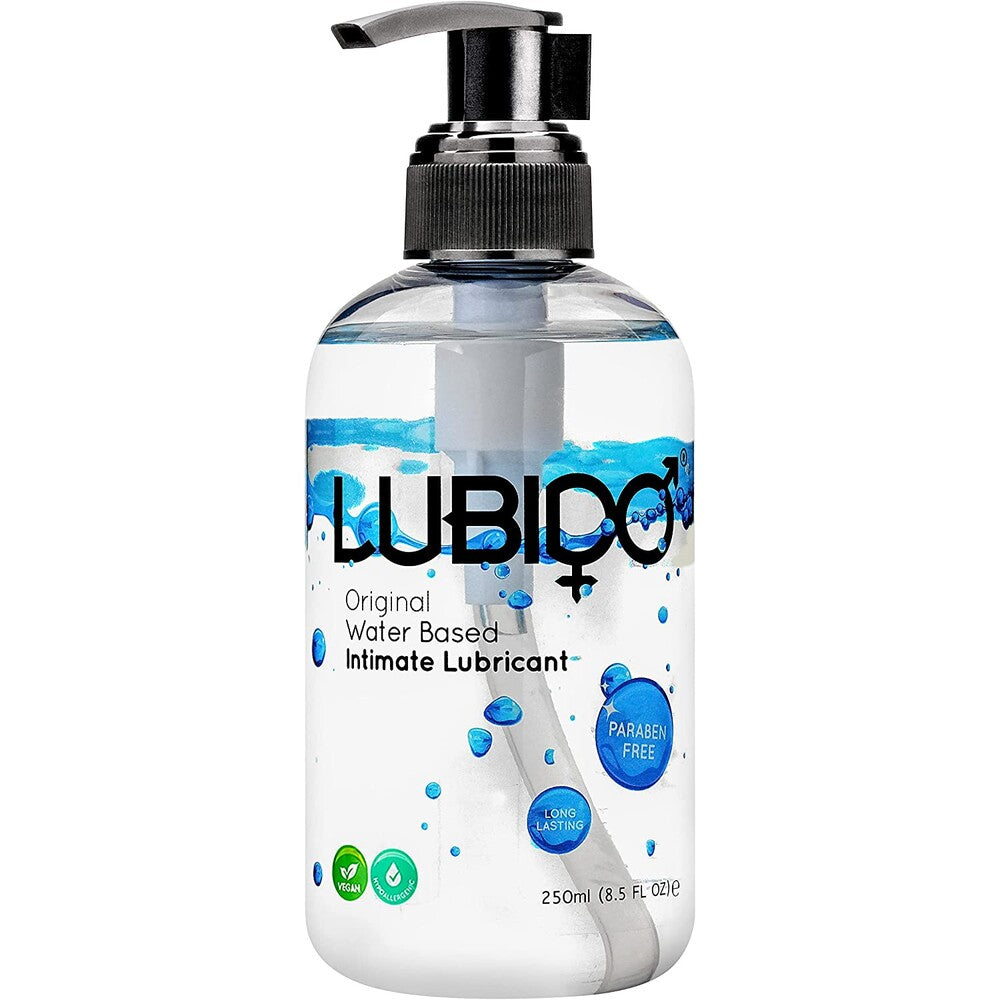 Bottle of lubido water-based lubricant, 250ml size, clear liquid for intimate use.