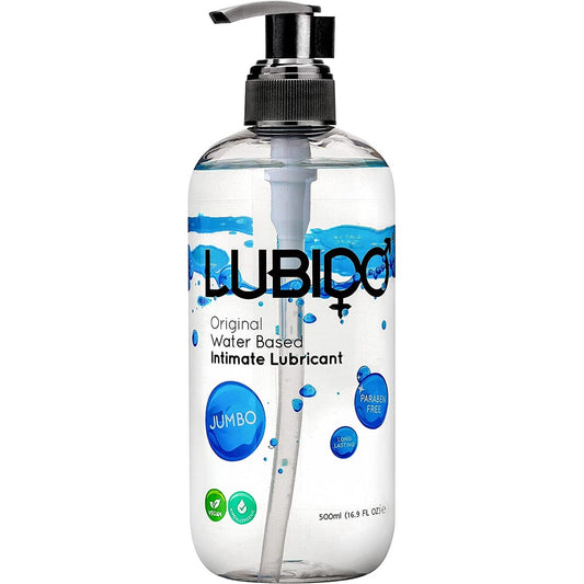 Lubido 500ml water-based lubricant in a clear bottle, paraben free for smooth intimacy.