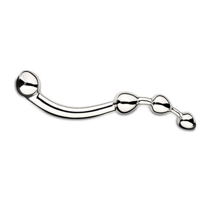 A stainless steel njoy fun wand dildo, showcasing its smooth, polished finish and curved design.