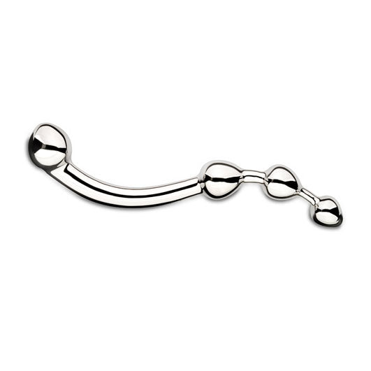 A stainless steel njoy fun wand dildo, showcasing its smooth, polished finish and curved design.