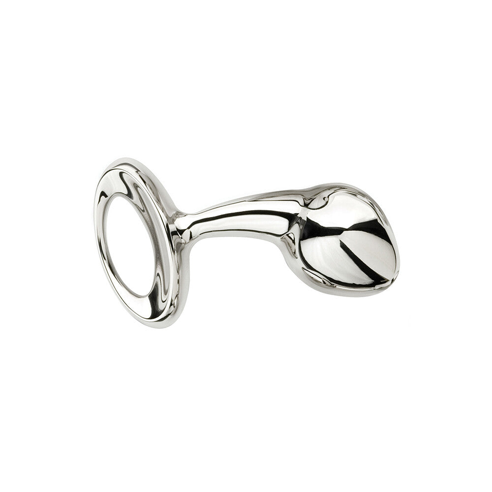 A small, shiny stainless steel anal plug from Njoy, designed for intimate pleasure.