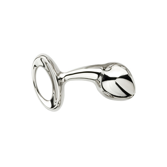 A small, shiny stainless steel anal plug from Njoy, designed for intimate pleasure.