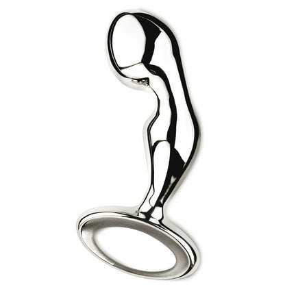 A shiny, stainless steel njoy pure fun pspot butt plug for anal pleasure.