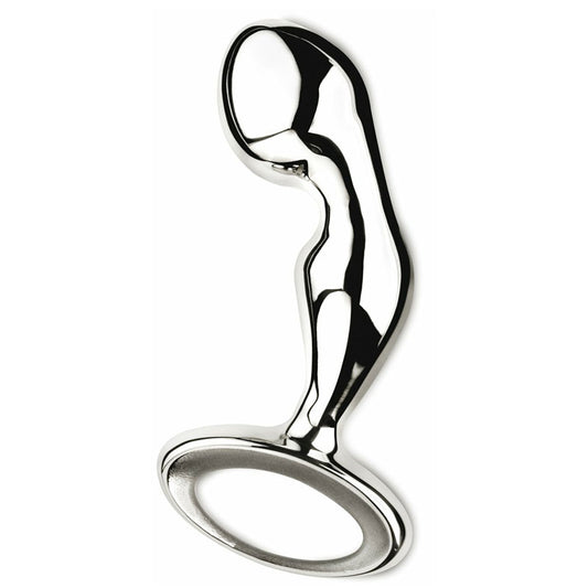 A shiny, stainless steel njoy pure fun pspot butt plug for anal pleasure.