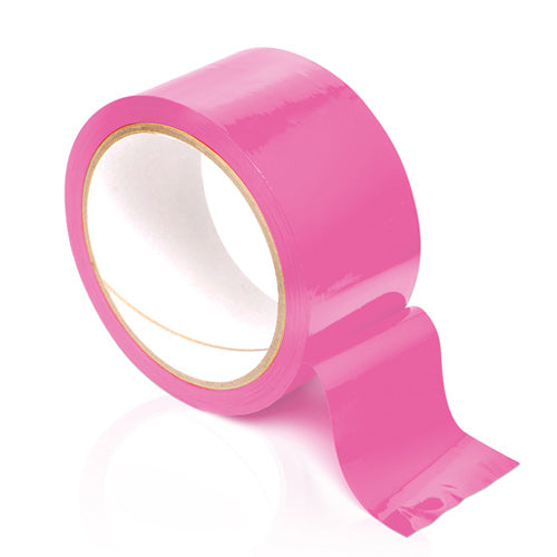 Close-up of pink gloss bondage tape, a novelty item from Bondage Tape brand.