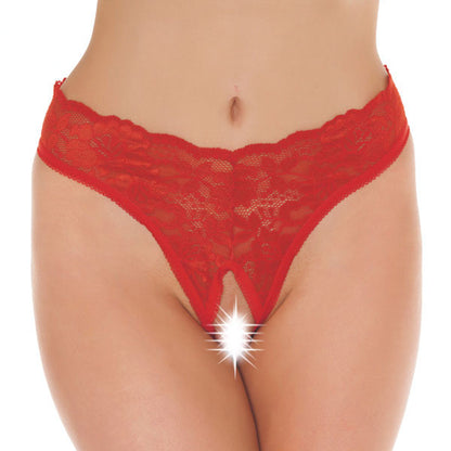 Close-up of a red lace open crotch g-string for women, a sexy and stylish choice.