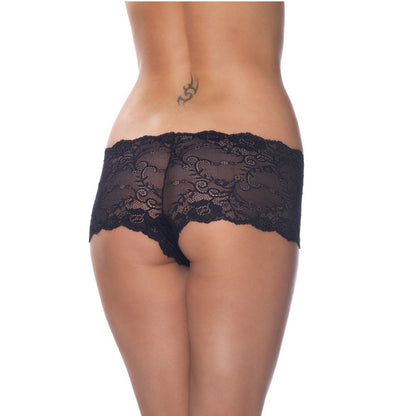 rimba black lace hotpants for women, showcasing the intricate floral pattern and stylish design