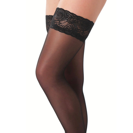 Black hold up stockings featuring a delicate floral lace top, for a glamorous look.