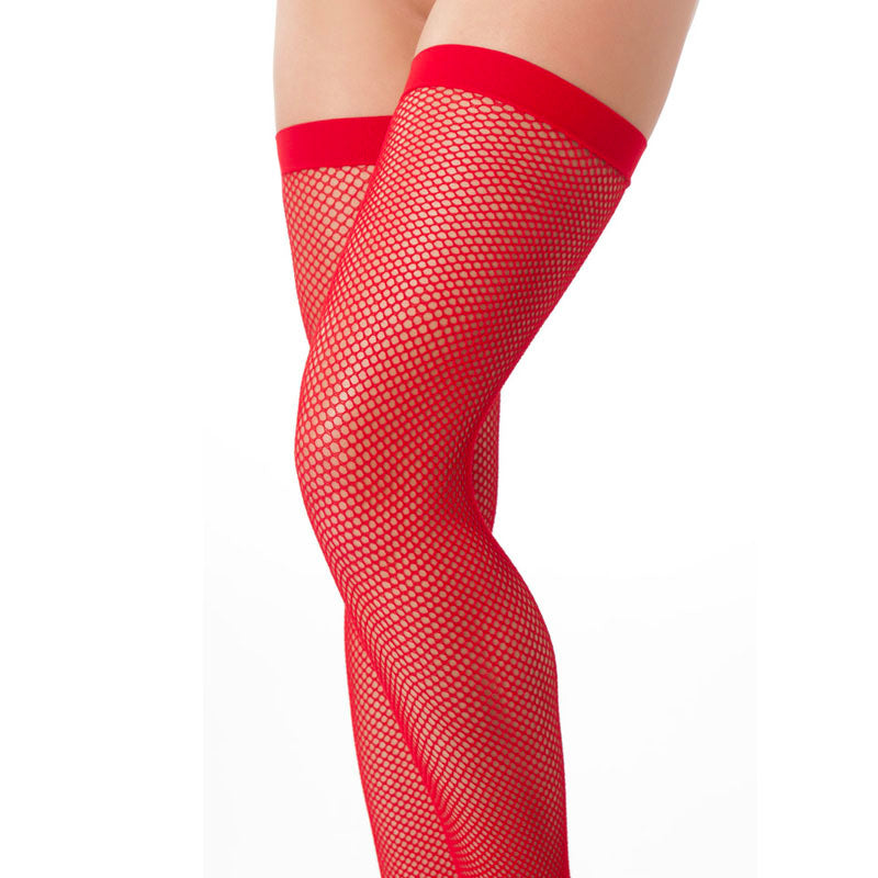 Rimba sexy red fishnet stockings; a bold and alluring legwear choice for a night out.